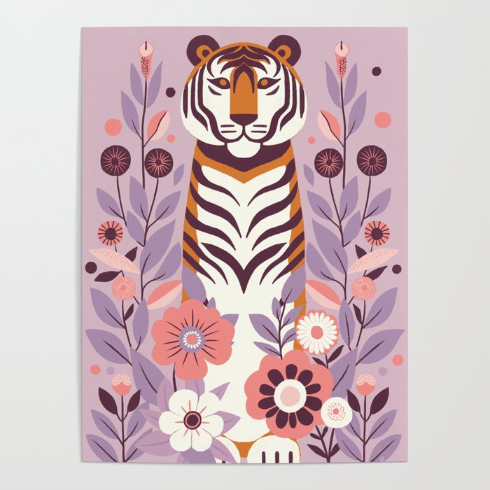 Serene Tiger in Blooming Garden - Pastel Floral Illustration Poster Gallery Image 4