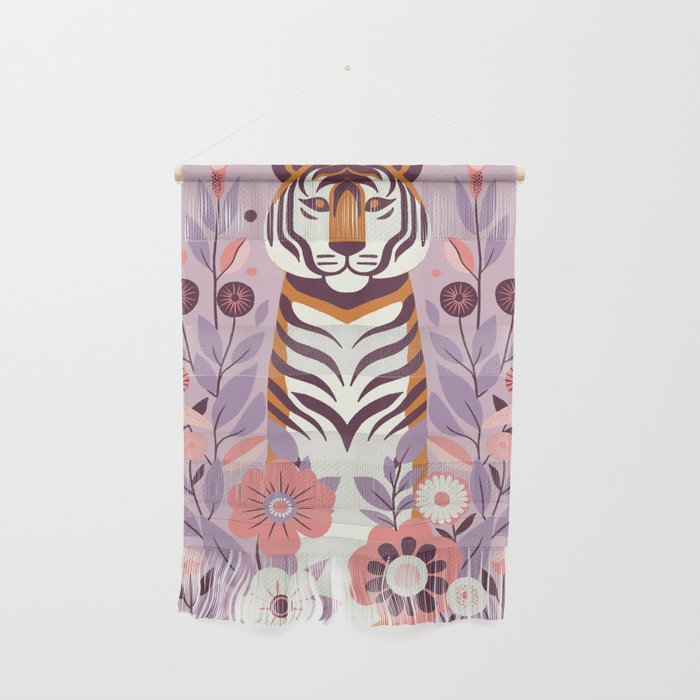 Serene Tiger in Blooming Garden - Pastel Floral Illustration Wall Hanging Gallery Image 1