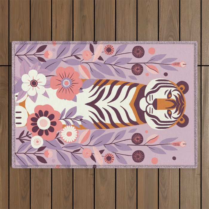 Serene Tiger in Blooming Garden - Pastel Floral Illustration Outdoor Rug Gallery Image 1