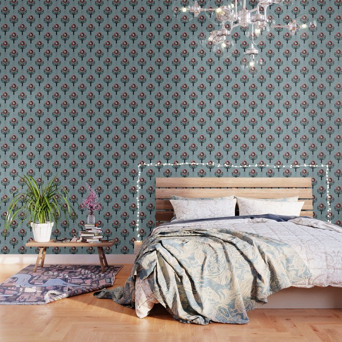 Blockprint Blooms on light blue Wallpaper Gallery Image 1