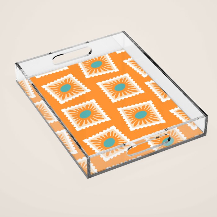 Vintage flower postage stamp pattern Acrylic Tray Gallery Image 1