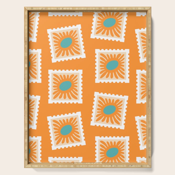 Vintage flower postage stamp pattern Serving Tray Gallery Image 1