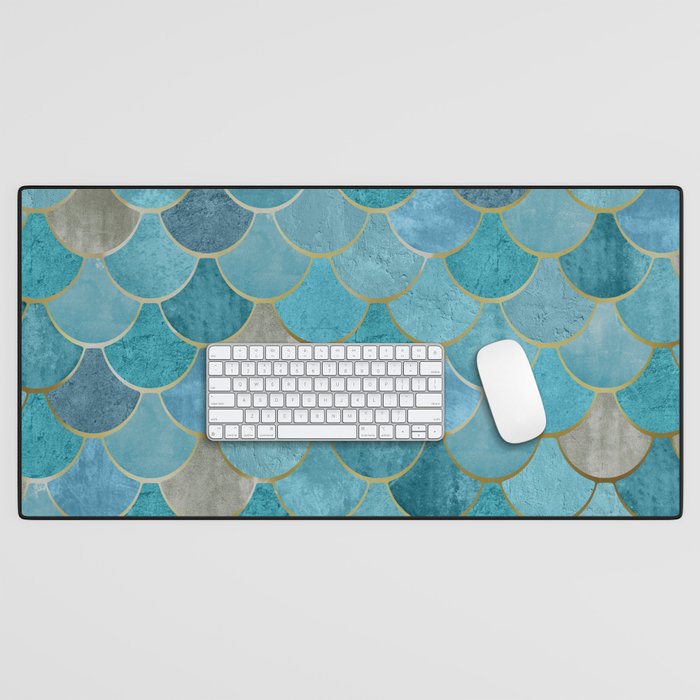 Moroccan Fish Scale Mermaid Pattern, Teal Blue and Gold Desk Mat Gallery Image 1
