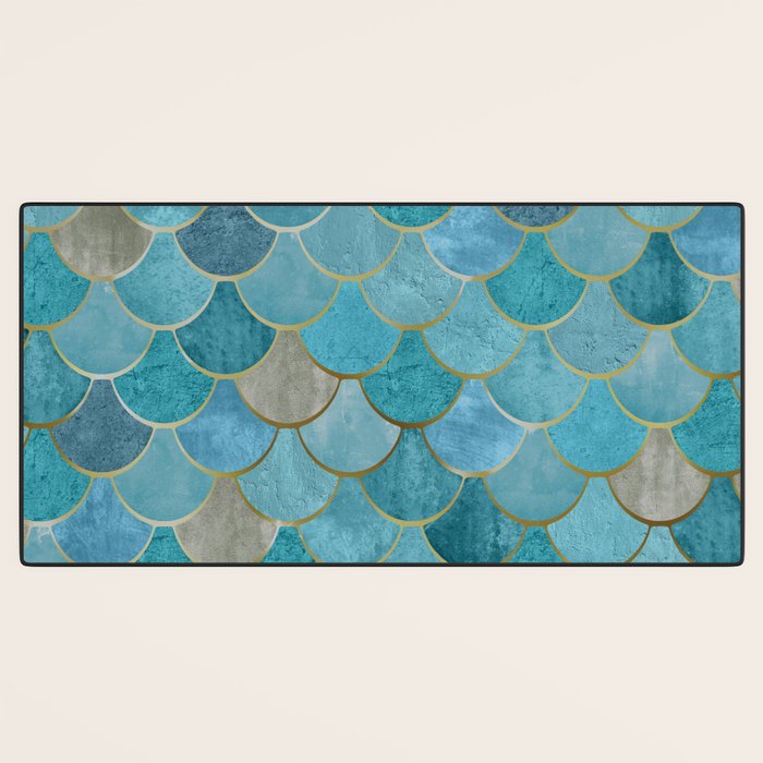 Moroccan Fish Scale Mermaid Pattern, Teal Blue and Gold Desk Mat Gallery Image 3