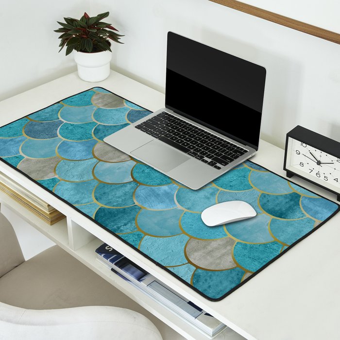 Moroccan Fish Scale Mermaid Pattern, Teal Blue and Gold Desk Mat Gallery Image 2