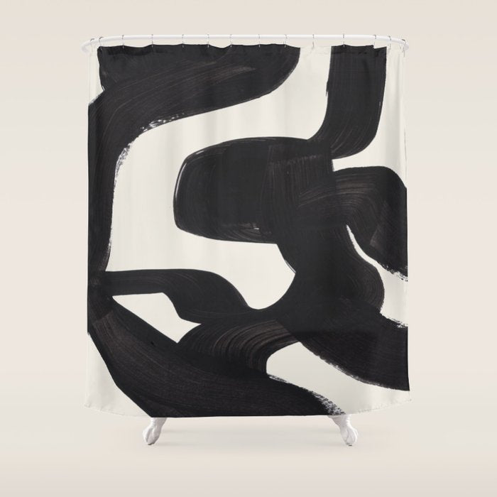 Mid Century Modern Minimalist Abstract Art Brush Strokes Black & White Ink Art Maze Shower Curtain Gallery Image 1