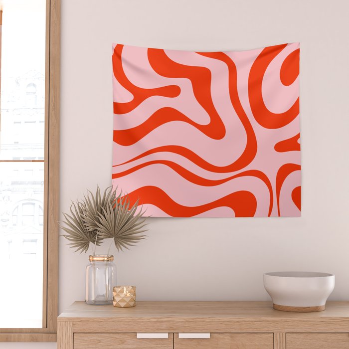 Modern Retro Liquid Swirl Abstract Pattern in Light Pink and Red Orange Wall Tapestry Gallery Image 2