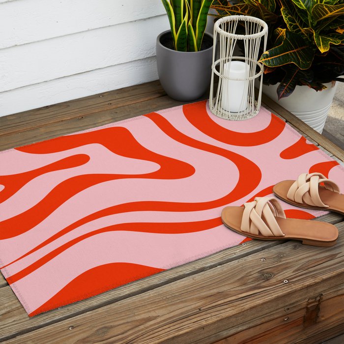 Modern Retro Liquid Swirl Abstract Pattern in Light Pink and Red Orange Outdoor Rug Gallery Image 2