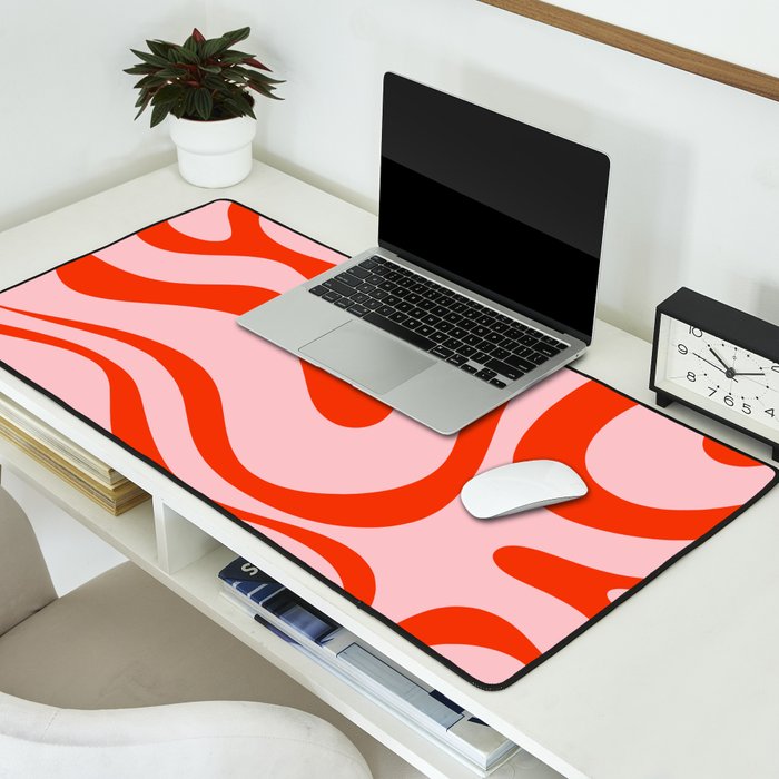 Modern Retro Liquid Swirl Abstract Pattern in Light Pink and Red Orange Desk Mat Gallery Image 2