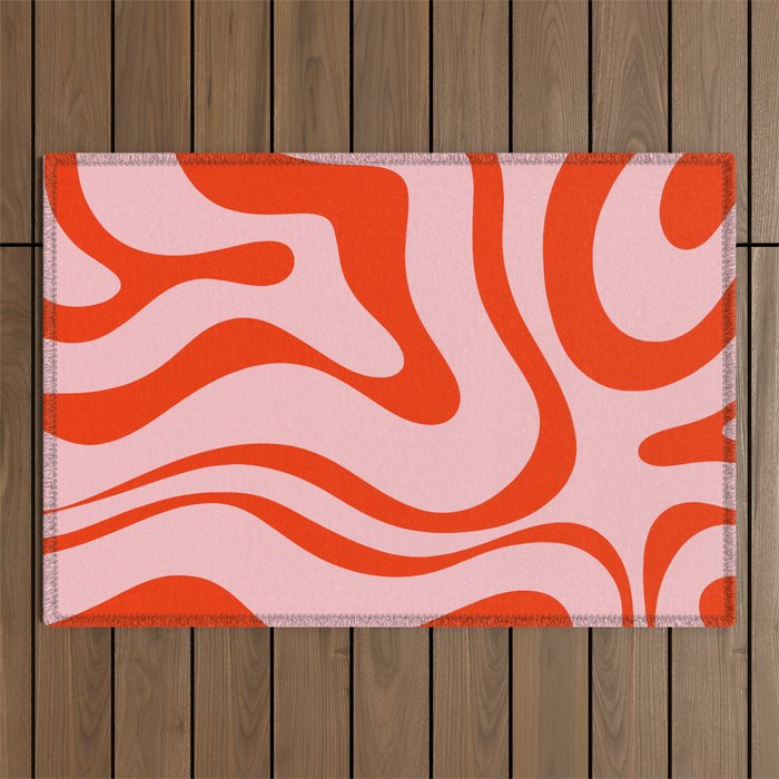 Modern Retro Liquid Swirl Abstract Pattern in Light Pink and Red Orange Outdoor Rug Gallery Image 1