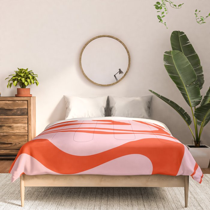 Modern Retro Liquid Swirl Abstract Pattern in Light Pink and Red Orange Comforter Gallery Image 3