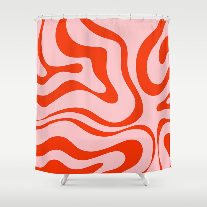 Modern Retro Liquid Swirl Abstract Pattern in Light Pink and Red Orange Shower Curtain Gallery Image 1
