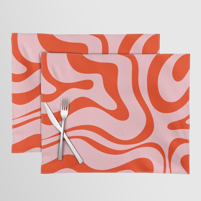 Modern Retro Liquid Swirl Abstract Pattern in Light Pink and Red Orange Placemat Gallery Image 1