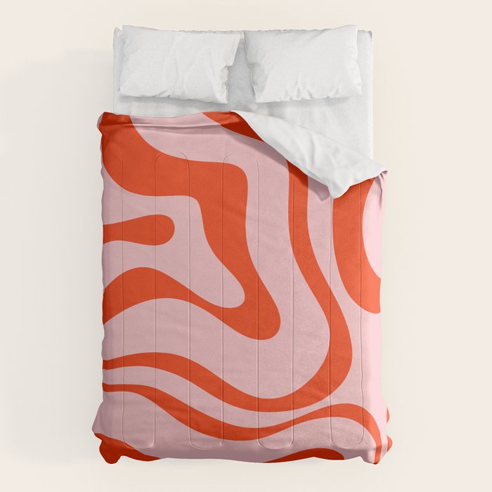 Modern Retro Liquid Swirl Abstract Pattern in Light Pink and Red Orange Comforter Gallery Image 1