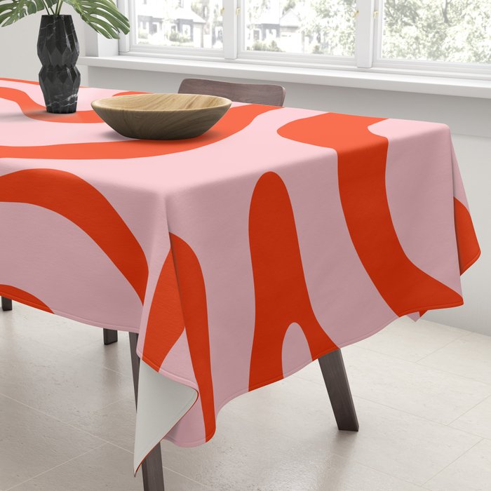 Modern Retro Liquid Swirl Abstract Pattern in Light Pink and Red Orange Tablecloth Gallery Image 3