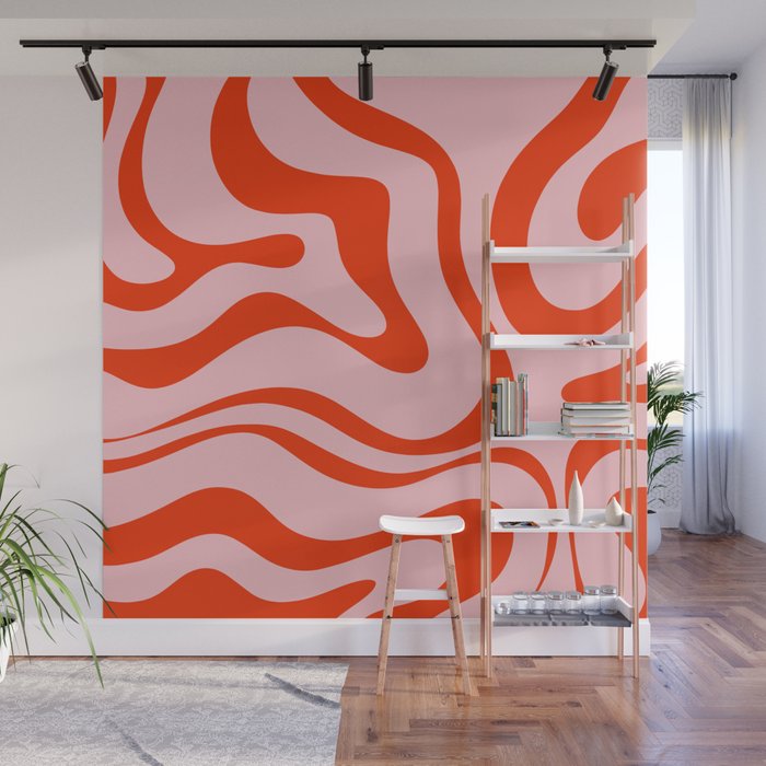 Modern Retro Liquid Swirl Abstract Pattern in Light Pink and Red Orange Wall Mural Gallery Image 1