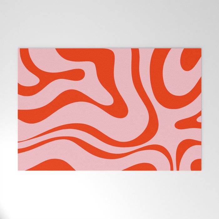 Modern Retro Liquid Swirl Abstract Pattern in Light Pink and Red Orange Welcome Mat Gallery Image 1