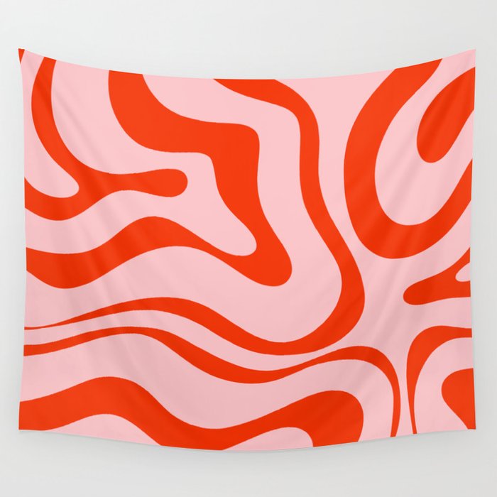 Modern Retro Liquid Swirl Abstract Pattern in Light Pink and Red Orange Wall Tapestry Gallery Image 4