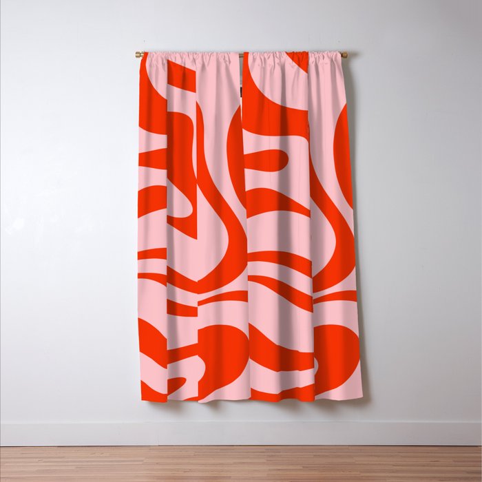 Modern Retro Liquid Swirl Abstract Pattern in Light Pink and Red Orange Window Curtain Gallery Image 3