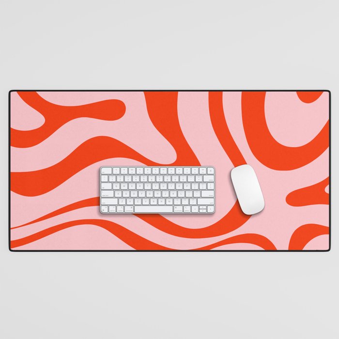 Modern Retro Liquid Swirl Abstract Pattern in Light Pink and Red Orange Desk Mat Gallery Image 1