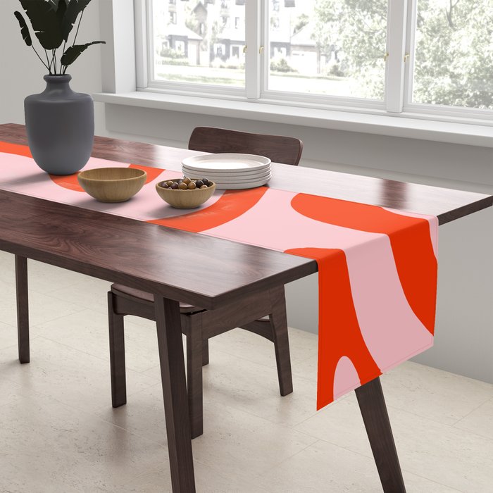 Modern Retro Liquid Swirl Abstract Pattern in Light Pink and Red Orange Table Runner Gallery Image 2