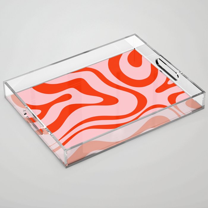 Modern Retro Liquid Swirl Abstract Pattern in Light Pink and Red Orange Acrylic Tray Gallery Image 1