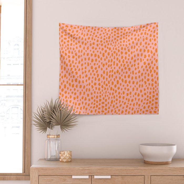 Orange and Pink Polka Dot Spots Pattern (orange/pink) Wall Tapestry Gallery Image 2