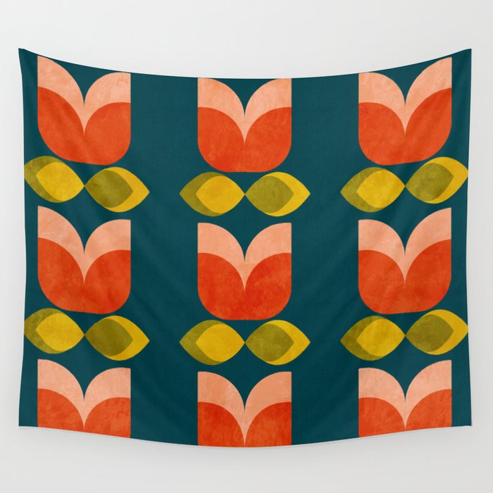 retro tulips teal Wall Tapestry Gallery Image 4