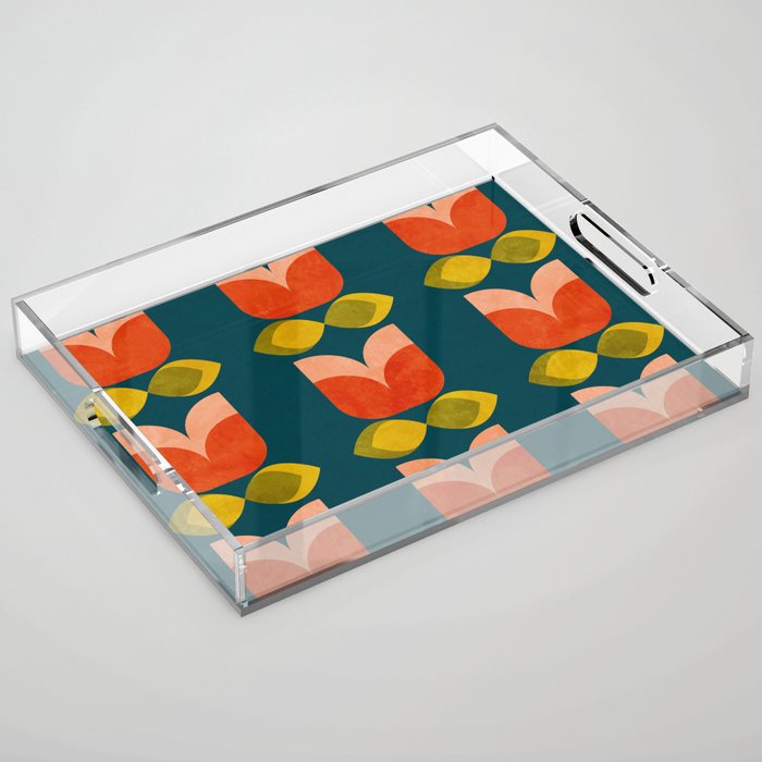retro tulips teal Acrylic Tray Gallery Image 1