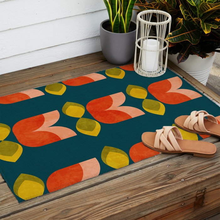 retro tulips teal Outdoor Rug Gallery Image 2