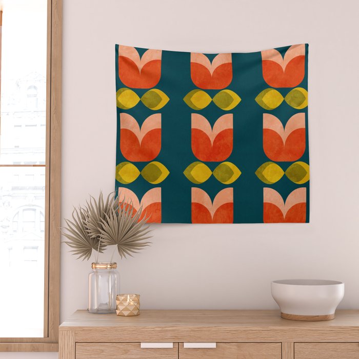 retro tulips teal Wall Tapestry Gallery Image 2