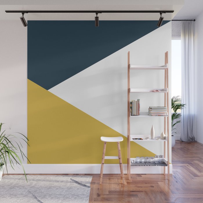 Jag: Minimalist Angled Color Block in Light Mustard, Navy Blue, and White Wall Mural Gallery Image 1