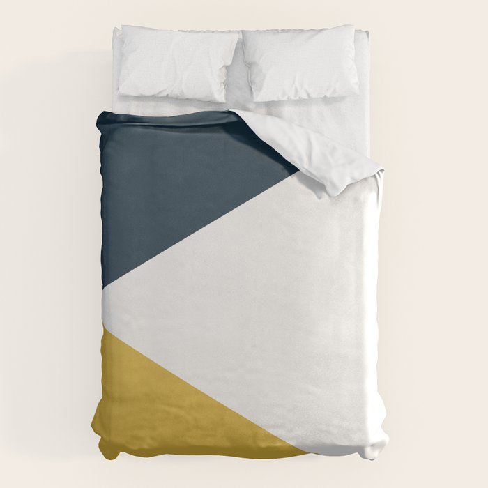 Jag: Minimalist Angled Color Block in Light Mustard, Navy Blue, and White Duvet Cover Gallery Image 1