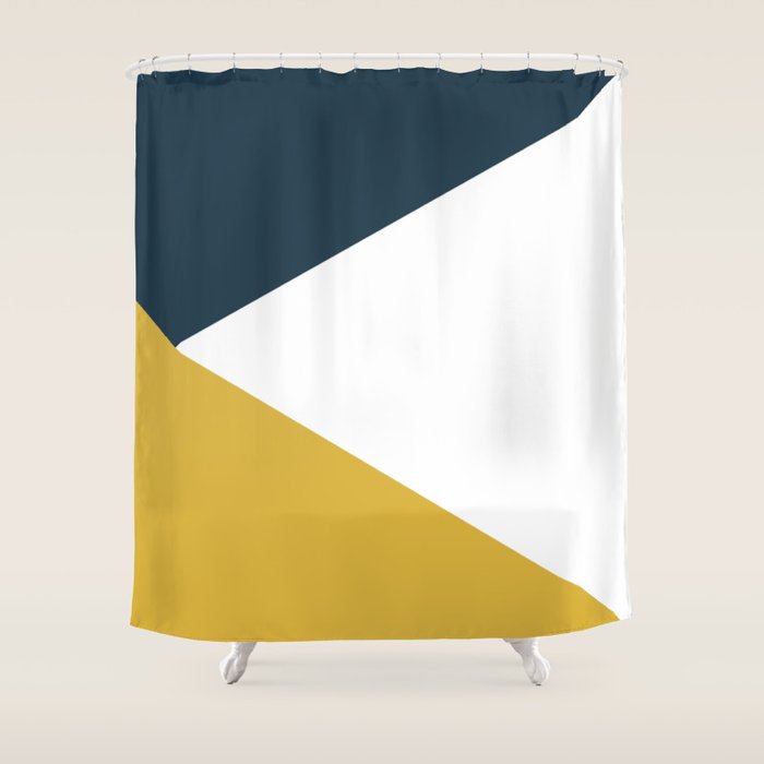 Jag: Minimalist Angled Color Block in Light Mustard, Navy Blue, and White Shower Curtain Gallery Image 1