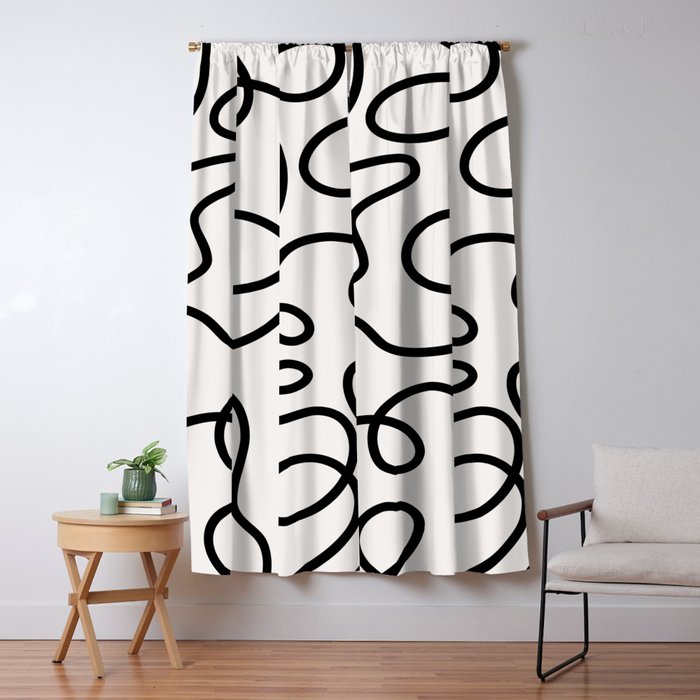 Mid Century Modern Print Black And White Abstract Wall Art Brush Strokes Lines Shapes Abstract Decor Window Curtain Gallery Image 1