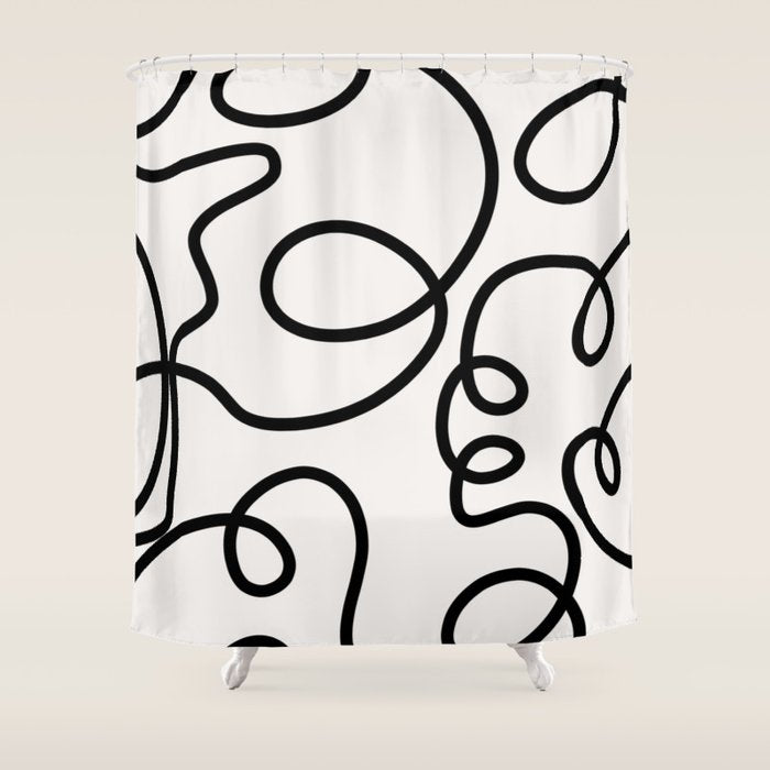 Mid Century Modern Print Black And White Abstract Wall Art Brush Strokes Lines Shapes Abstract Decor Shower Curtain Gallery Image 1
