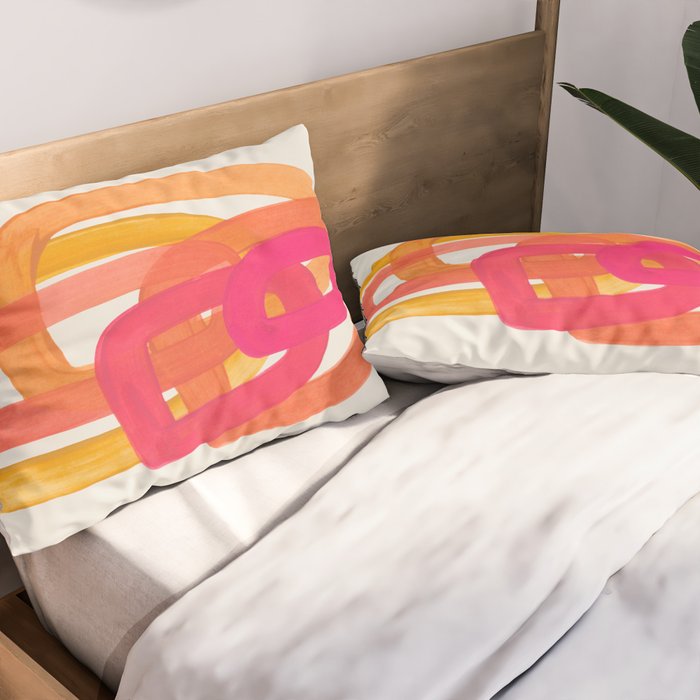 Funky Retro 70's Style Pattern Orange Pink Greindent Striped Circles Mid Century Colorful Pop Art Pillow Sham Gallery Image 2