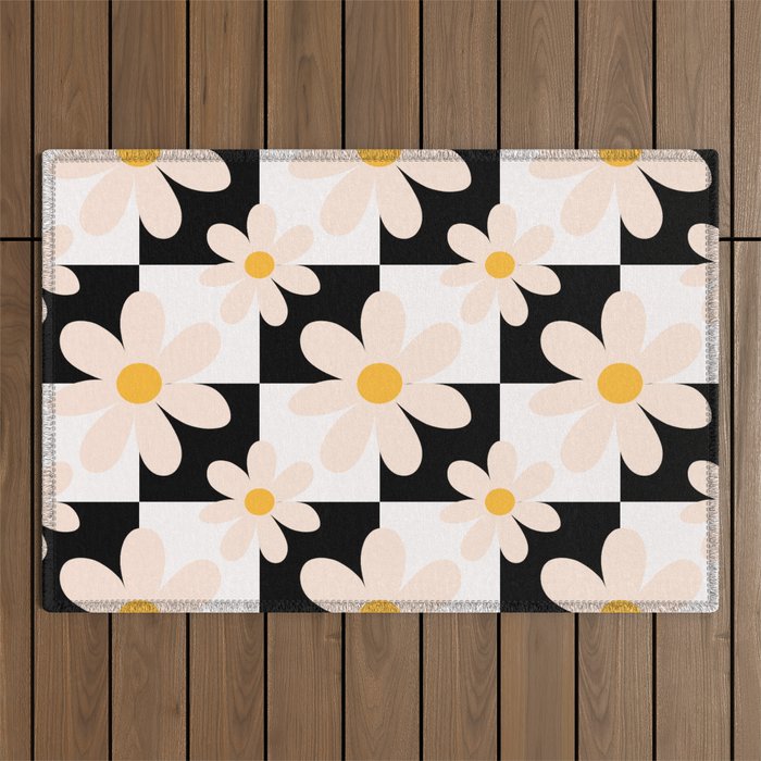 Black and White Checkered Daisy pattern  Outdoor Rug Gallery Image 1