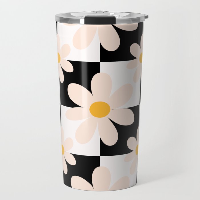 Black and White Checkered Daisy pattern  Travel Mug Gallery Image 1