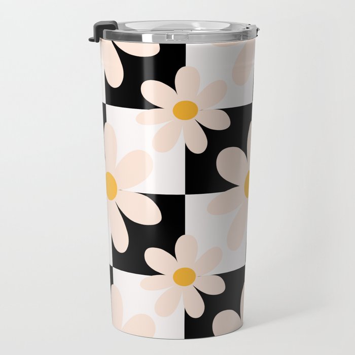 Black and White Checkered Daisy pattern  Travel Mug Gallery Image 3