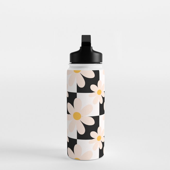 Black and White Checkered Daisy pattern  Water Bottle Gallery Image 3