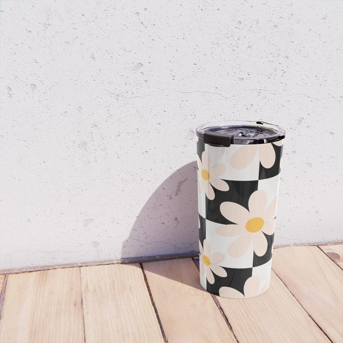 Black and White Checkered Daisy pattern  Travel Mug Gallery Image 4