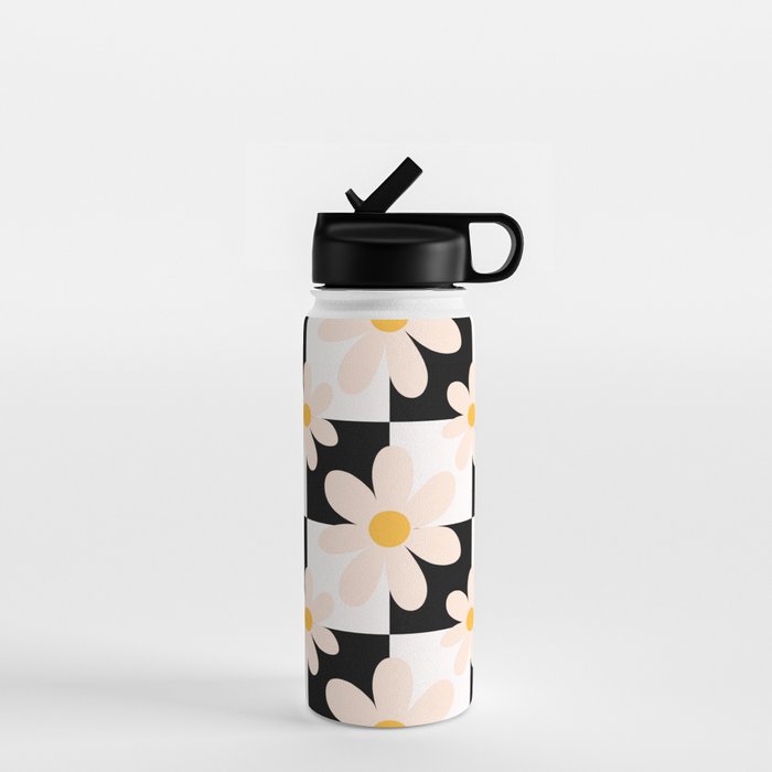 Black and White Checkered Daisy pattern  Water Bottle Gallery Image 1