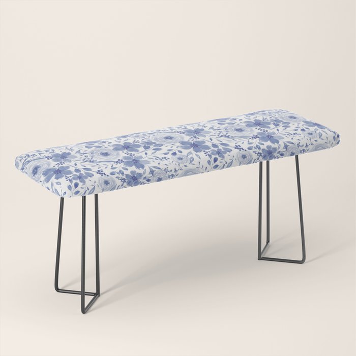 Blue and White Watercolor Florals Bench Gallery Image 1