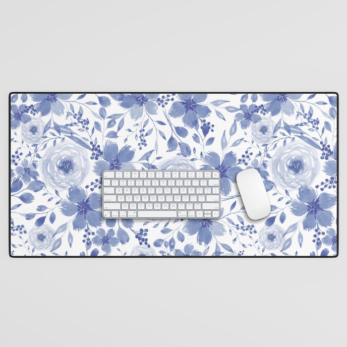 Blue and White Watercolor Florals Desk Mat Gallery Image 1
