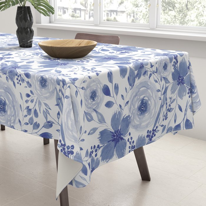 Blue and White Watercolor Florals Tablecloth Gallery Image 3