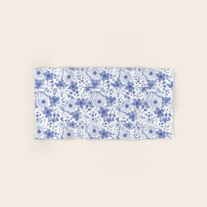 Blue and White Watercolor Florals Bath Towel Gallery Image 1