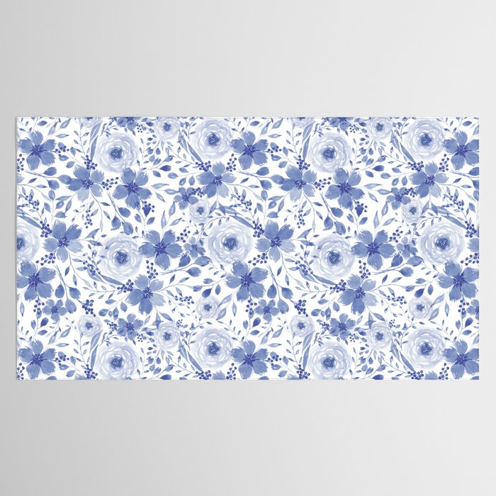 Blue and White Watercolor Florals Tablecloth Gallery Image 2