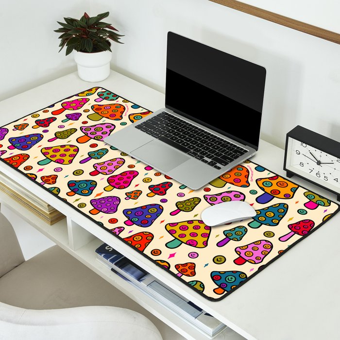 Smiley Mushrooms Print in Cream Desk Mat Gallery Image 2