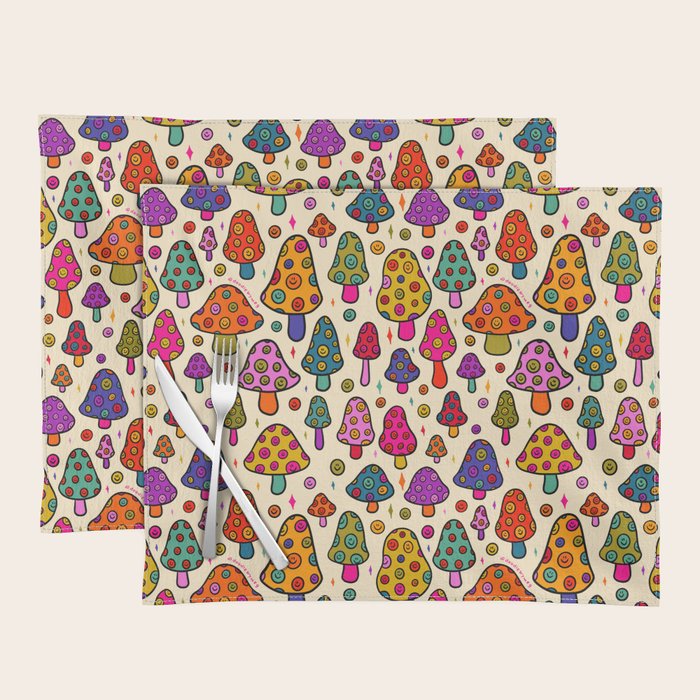 Smiley Mushrooms Print in Cream Placemat Gallery Image 1